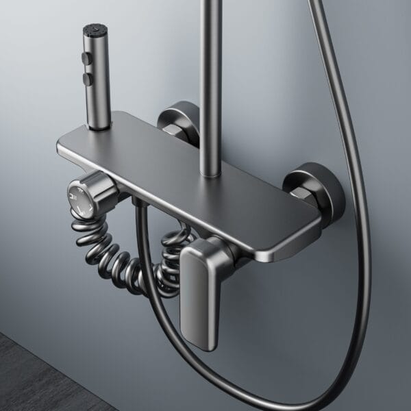 Gun Grey Digital LED Shower System with Integrated Shelf & Waterfall Spout