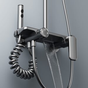 Wholesale Gun Grey Digital LED Shower System: Shelf & Waterfall Spout product image for B2B shower system sourcing