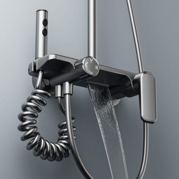 Gun Grey Digital LED Shower System with Integrated Shelf & Waterfall Spout
