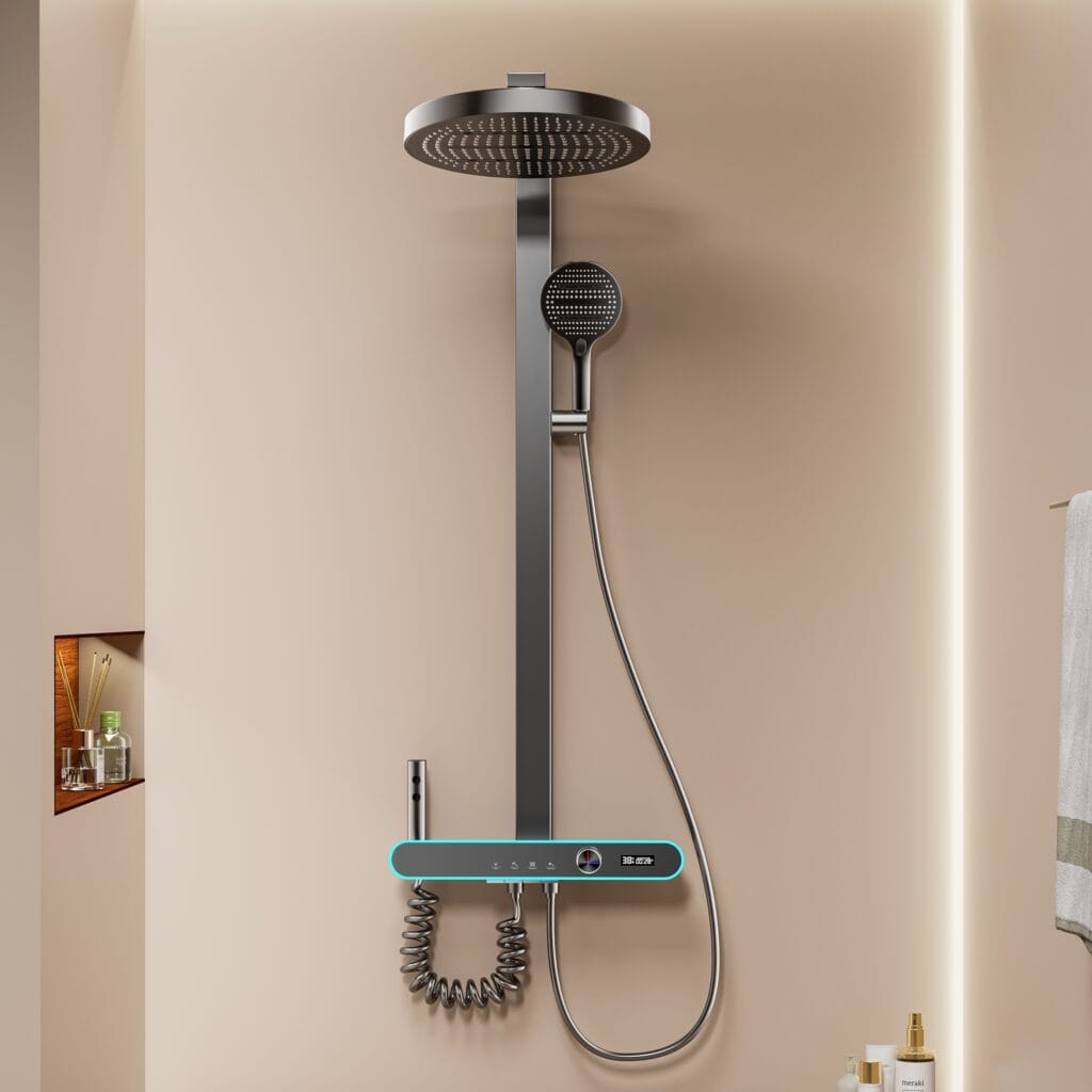 Digital LED Thermostatic Shower System with Integrated Shelf