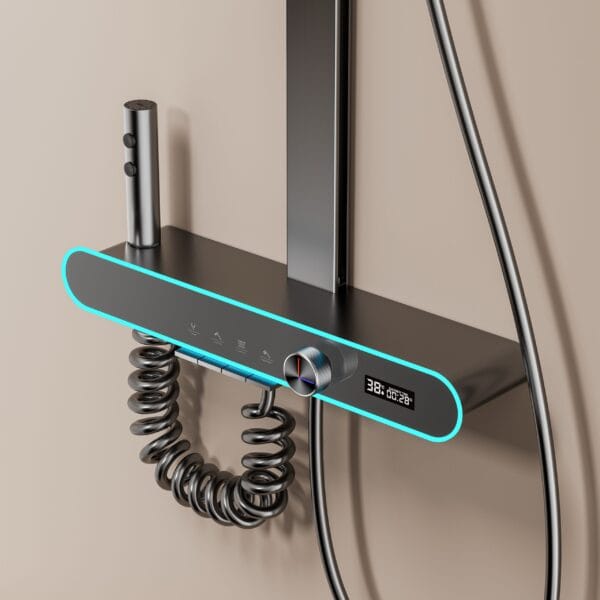 Digital LED Thermostatic Shower System with Integrated Shelf