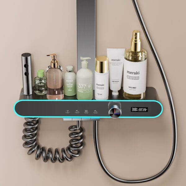 Digital LED Thermostatic Shower System with Integrated Shelf