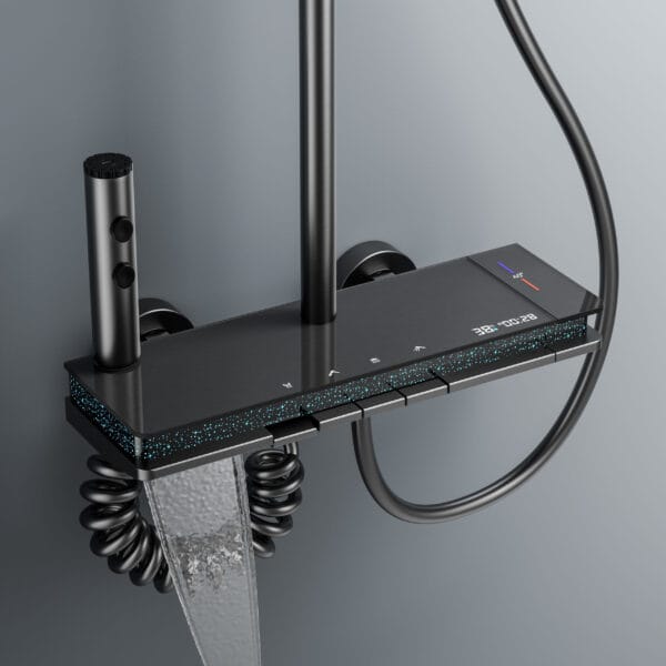 Luxury Digital Thermostatic Shower System with Waterfall Spout & Integrated Shelf