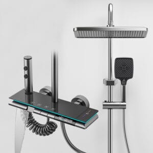 Smart Digital LED Shower System with Waterfall Spout & Integrated Shelf