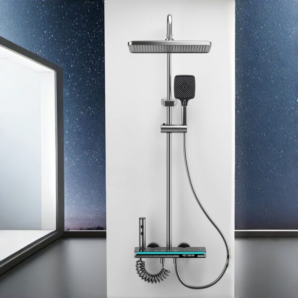Smart Digital LED Shower System with Waterfall Spout & Integrated Shelf
