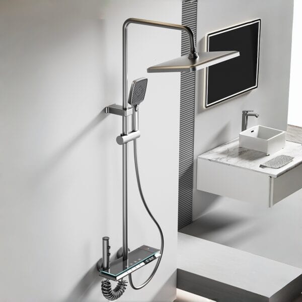 Smart Digital LED Shower System with Waterfall Spout & Integrated Shelf