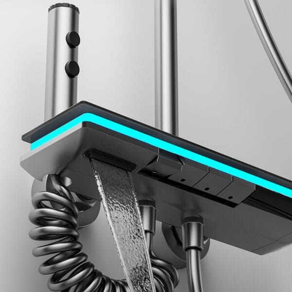 Smart Digital LED Shower System with Waterfall Spout & Integrated Shelf