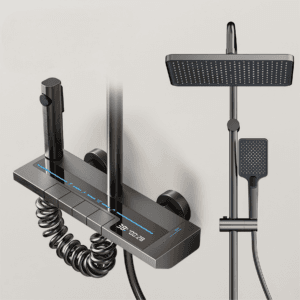 Luxury Gun Gray Thermostatic Digital Shower System with Rainfall & Waterfall Spout