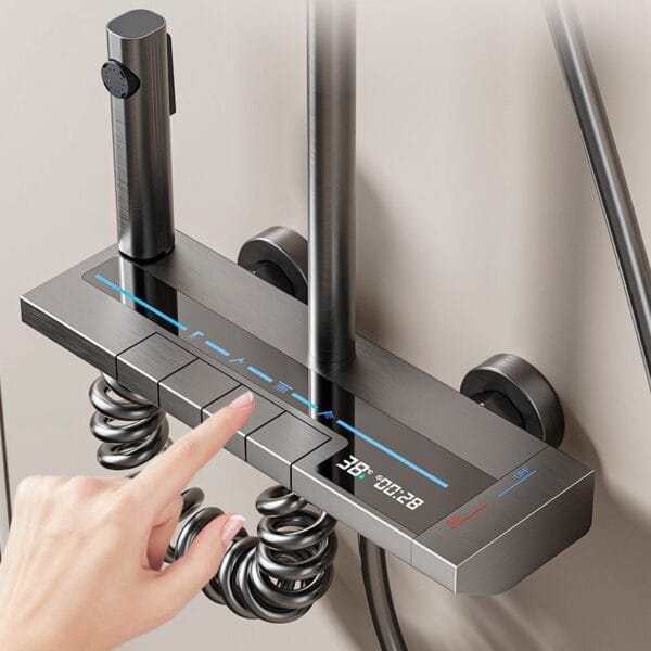Luxury Gun Gray Thermostatic Digital Shower System with Rainfall & Waterfall Spout