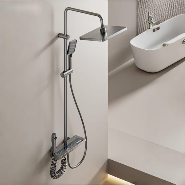 Luxury Gun Gray Thermostatic Digital Shower System with Rainfall & Waterfall Spout
