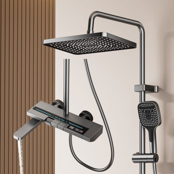 Luxury Gun Gray Digital Thermostatic Shower System with Rainfall & Handheld