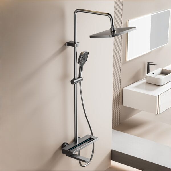 Luxury Gun Gray Digital Thermostatic Shower System with Rainfall & Handheld