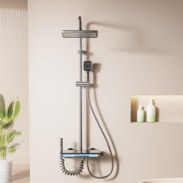 Luxury Digital Thermostatic Shower System with LED, Waterfall Spout & Integrated Shelf