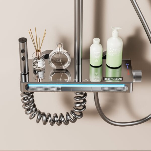Luxury Digital Thermostatic Shower System with LED, Waterfall Spout & Integrated Shelf