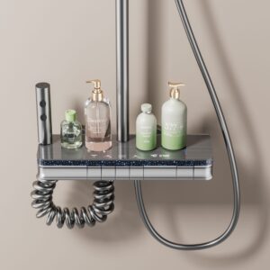 Wholesale Digital Thermostatic Shower System with LED & Shelf – Modern Gun Gray product image for B2B shower.
