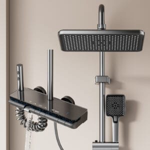 Luxury Digital Thermostatic Shower System with LED & Shelf - Gun Gray/Milky White