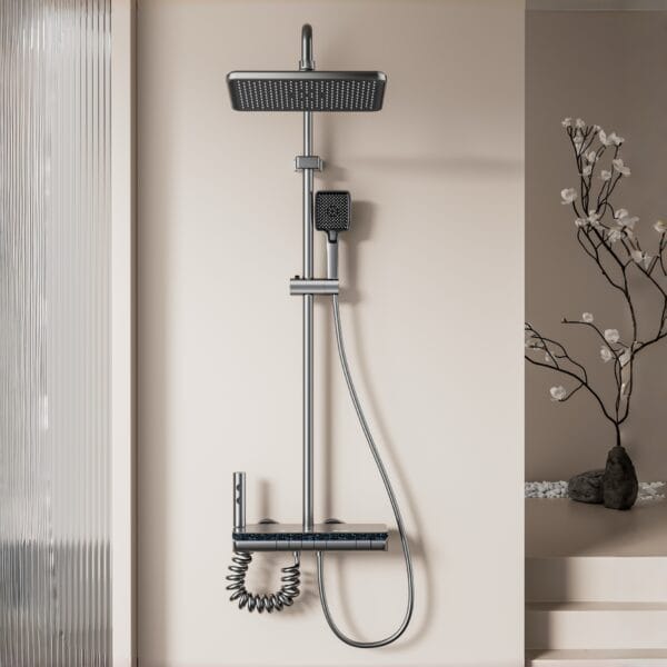 Luxury Digital Thermostatic Shower System with LED & Shelf - Gun Gray/Milky White
