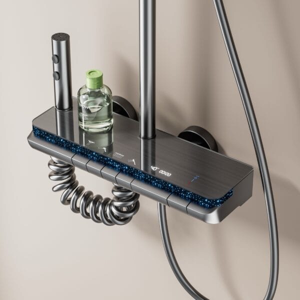 Luxury Digital Thermostatic Shower System with LED & Shelf - Gun Gray/Milky White