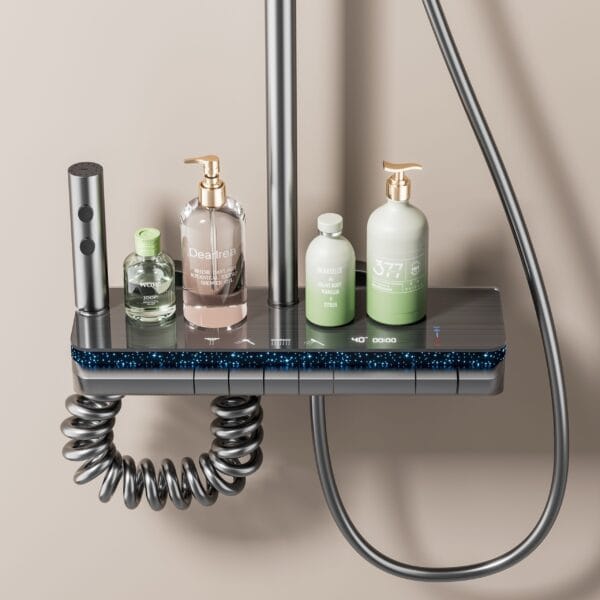 Luxury Digital Thermostatic Shower System with LED & Shelf - Gun Gray/Milky White