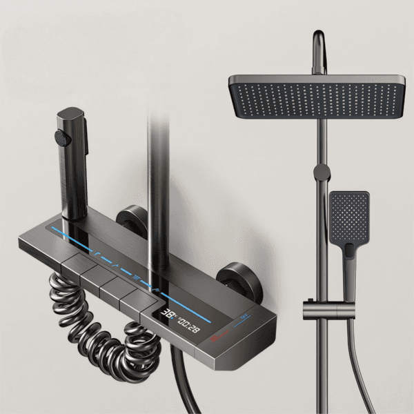 Luxury Gun Gray Thermostatic Digital Shower System with Rainfall & Waterfall Spout