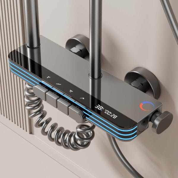 Gun Gray Smart Digital Thermostatic Shower System with LED & Integrated Shelf