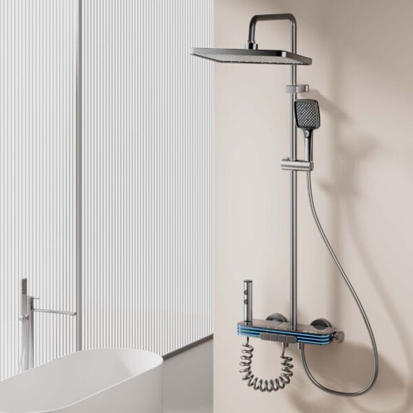Gun Gray Smart Digital Thermostatic Shower System with LED & Integrated Shelf