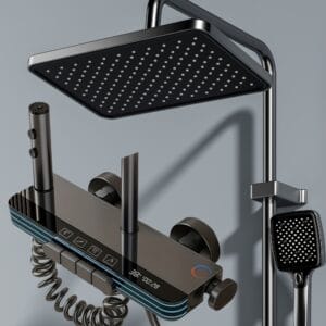 Gun Gray Smart Digital Thermostatic Shower System with LED & Integrated Shelf