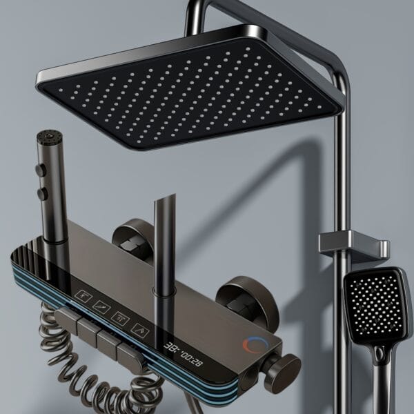 Gun Gray Smart Digital Thermostatic Shower System with LED & Integrated Shelf