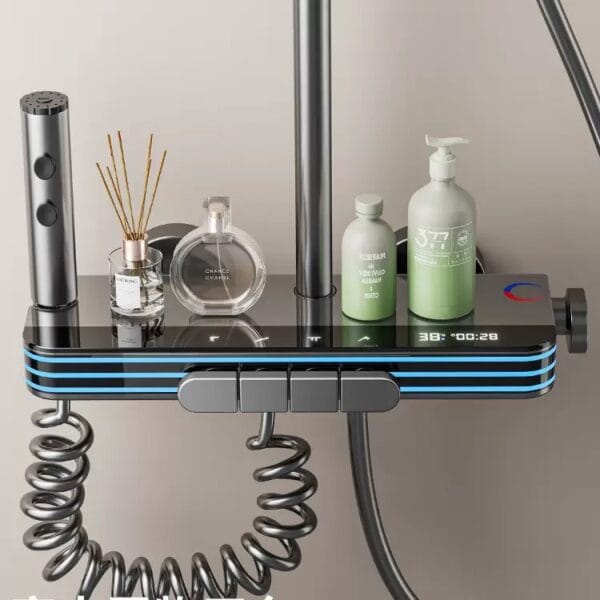 Gun Gray Smart Digital Thermostatic Shower System with LED & Integrated Shelf