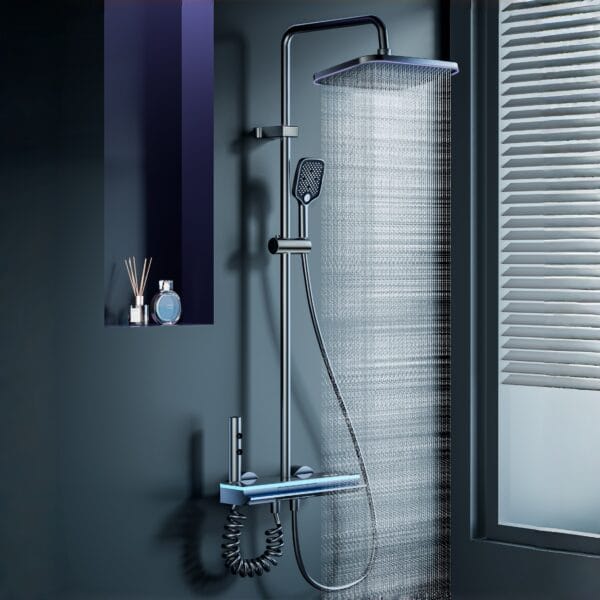 Gun Grey Digital LED Thermostatic Shower System with Waterfall Spout