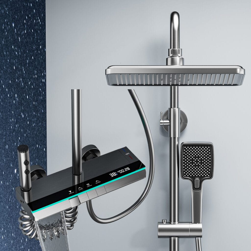 Premium Gun Grey Digital Thermostatic Shower System with LED & Waterfall