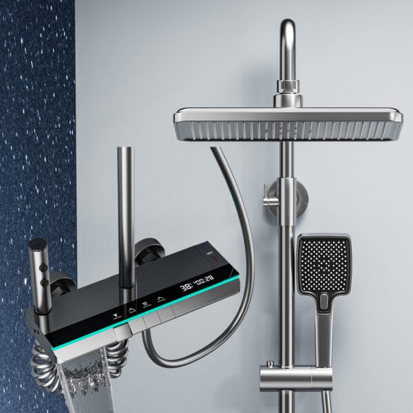 Premium Gun Grey Digital Thermostatic Shower System with LED & Waterfall