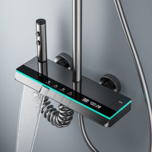 Premium Gun Grey Digital Thermostatic Shower System with LED & Waterfall product image for B2B shower system.
