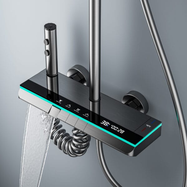 Premium Gun Grey Digital Thermostatic Shower System with LED & Waterfall