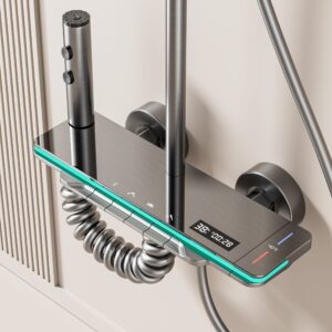 Modern Smart Digital Shower System with Waterfall Spout – Gun Grey product image for B2B shower system sourcing