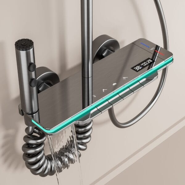 Modern Smart Digital Shower System with Waterfall Spout - Gun Grey