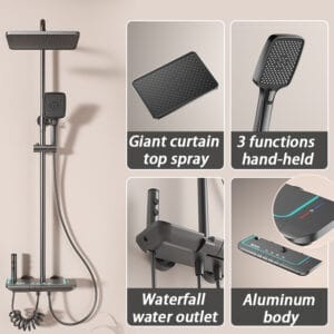 Elite Digital LED Shower System with Rainfall & Waterfall – Gun Grey