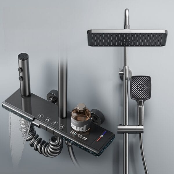 Gun Grey Smart Digital Thermostatic Shower System with Rainfall & Waterfall