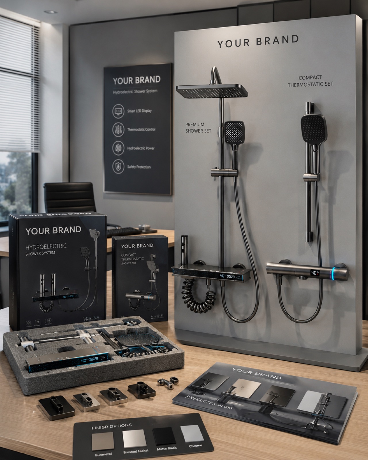 Catalog, box, showroom, and sample presentation