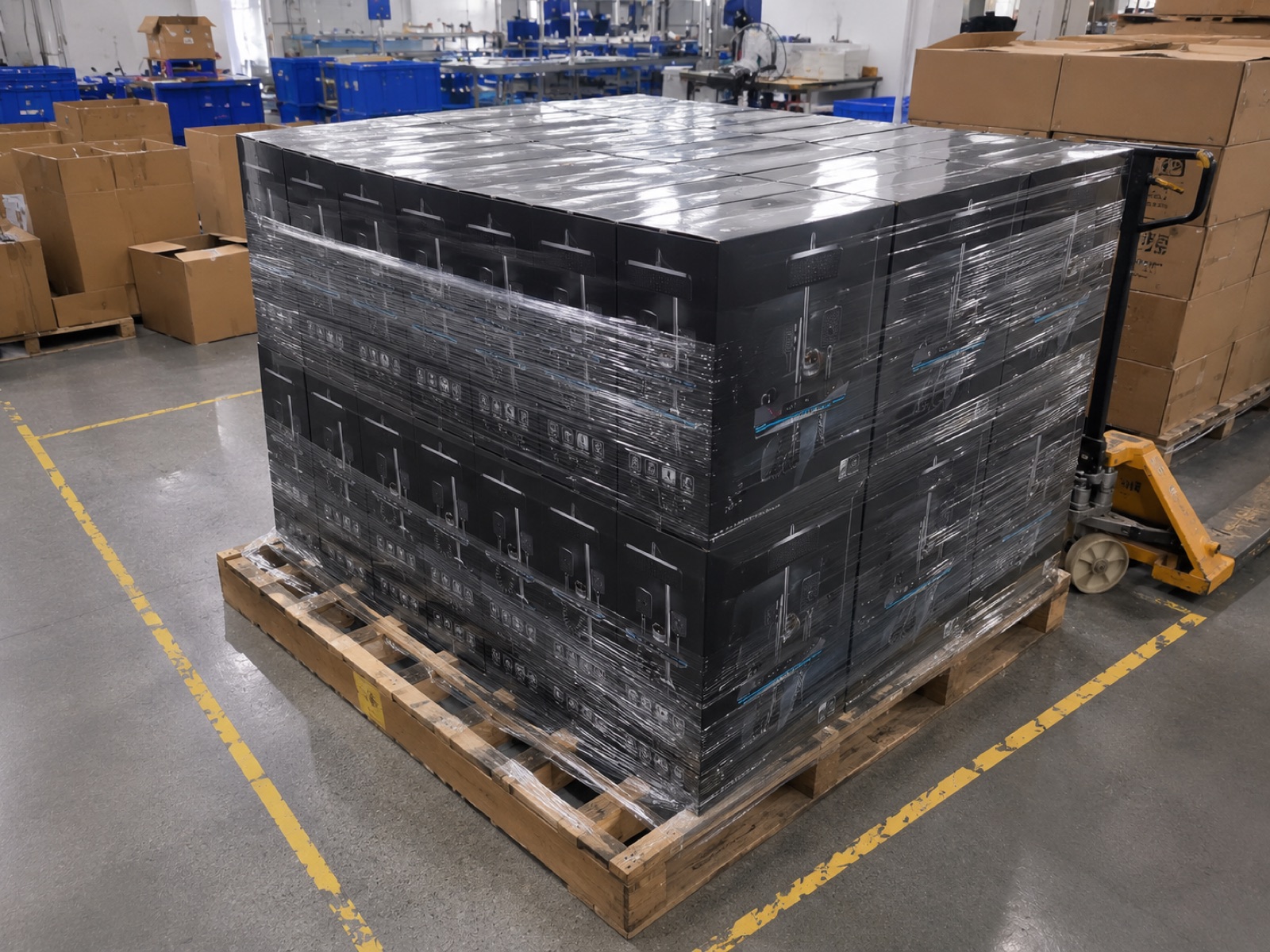 Wrapped pallets of shower system cartons